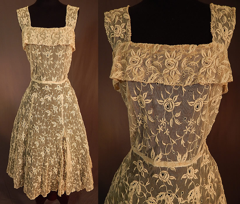 Vintage Cream Tulle Net Eyelet Embroidered Floral Lace Circle Skirt Sun Dress
This vintage cream tulle net eyelet embroidered floral lace circle skirt sun dress dates from the 1950s. It is made of an off white cream color sheer tulle net fabric with raised padded satin stitch embroidery work, eyelet drawn cut work lace done in a floral vine leaf pattern design. 