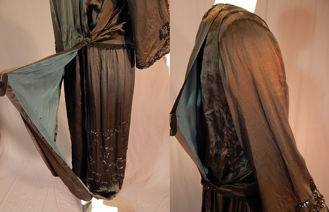 Vintage Art Deco Black Silk Pyramid Beaded Watteau Back Drape Flapper Dress
