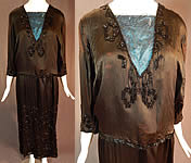Vintage Art Deco Black Silk Pyramid Beaded Watteau Back Drape Flapper Dress 
