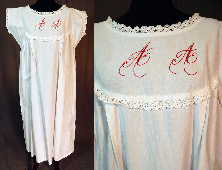 Victorian White Cotton Turkey Red Embroidered AA Chemise Nightgown Smock Dress
This antique Victorian era white cotton turkey red work embroidered AA chemise nightgown smock shift dress dates from the 1890. It is made of a heavy quality white cotton fabric, with turkey red work hand embroidered stitched monogrammed initials "AA" and crochet lace trim edging the yoke, neckline collar and sleeve cuffs