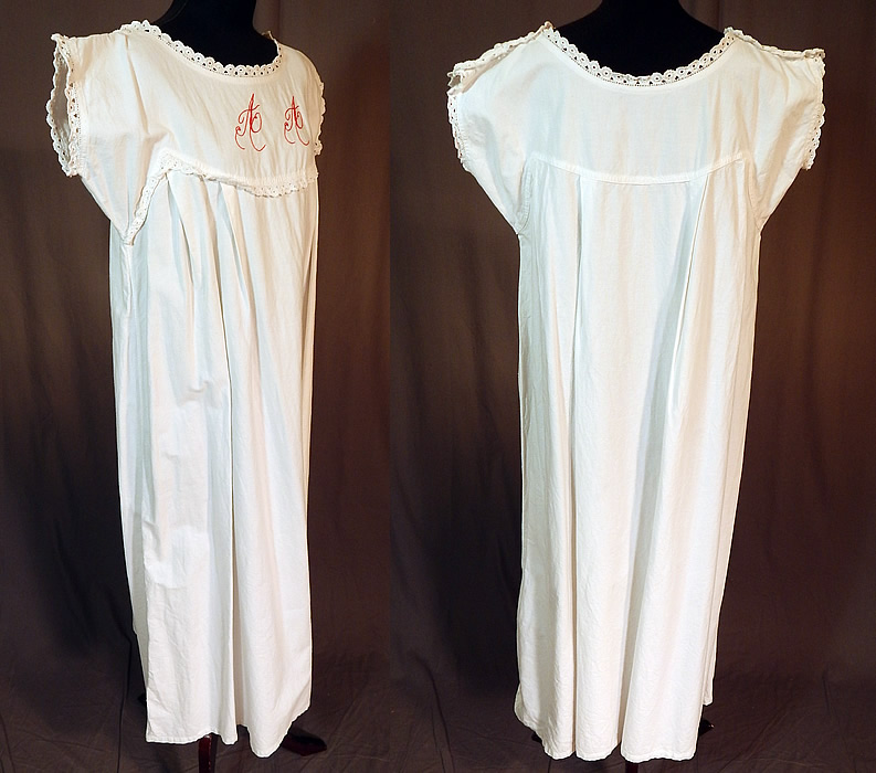 Victorian White Cotton Turkey Red Embroidered AA Chemise Nightgown Smock Dress
This womens summer chemise nightgown smock shift t dress is a long tea length with a loose fitting style, cap sleeves and button closures along the shoulders.