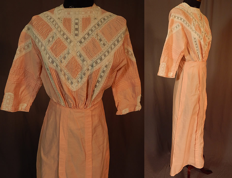 Edwardian Peachy Pink Ruched Cotton White Lace Tea Gown Dress
This pretty pastel tea gown dress is a long tea length with a squared lace trim high neckline, fitted waist, 3/4 length sleeves, a watteau pleat skirt, hook closures down the back and is unlined. 