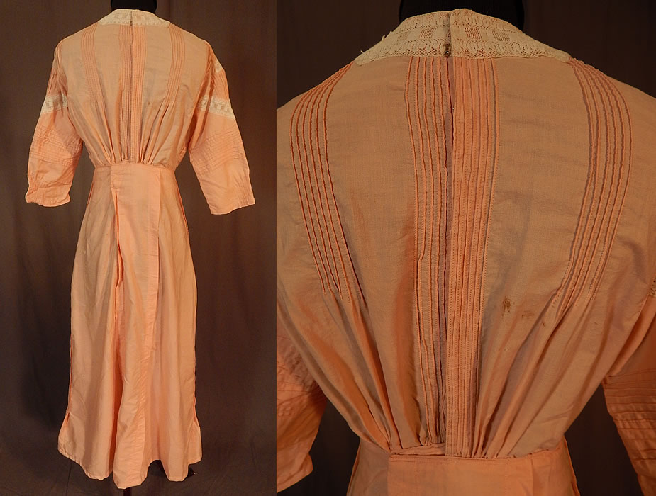 Edwardian Peachy Pink Ruched Cotton White Lace Tea Gown Dress
The dress measures 49 inches long, with a 34 inch bust, 22 inch waist, 36 inch hips and 15 inch back. It is in good as-is condition, has not been cleaned with a small faint stain on the back top and a few tiny pin holes, snags pulls on the skirt. This is truly a wonderful piece of antique lace art!