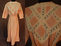 Edwardian Peachy Pink Ruched Cotton White Lace Tea Gown Dress

