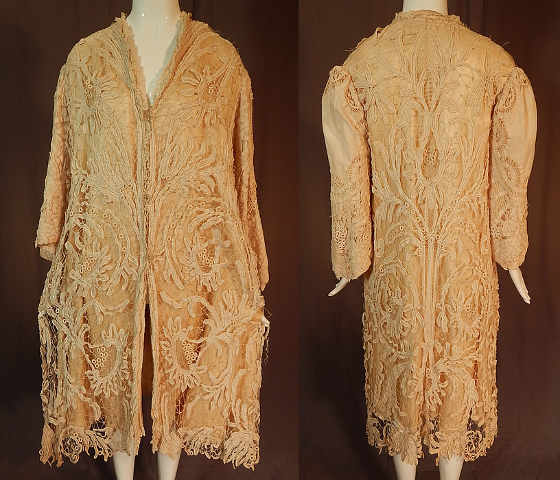 Edwardian Antique Cream Silk Lined Battenburg Tape Lace Long Coat Jacket
This exquisite antique Edwardian era cream silk lined battenburg tape lace long coat jacket dates from 1910.
