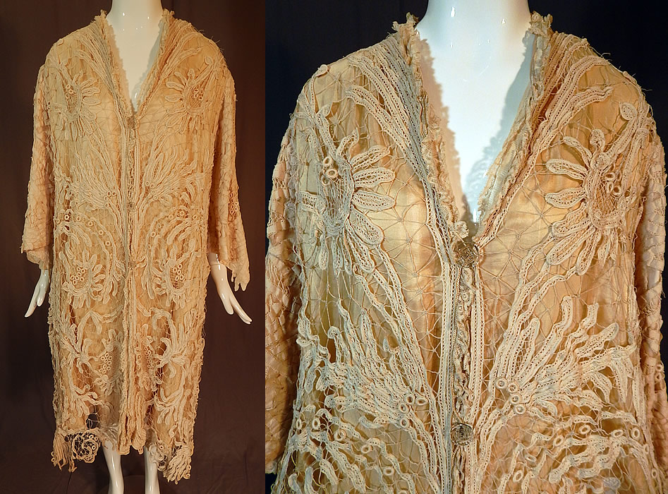 Edwardian Antique Cream Silk Lined Battenburg Tape Lace Long Coat Jacket
It is made of an off white cream color sheer battenburg tape lace with connecting thread picot ornamented bars, buttonhole stitches, decorative spiral, floral, leaf, scroll work designs, linen fabric circular appliqu&eacute; inserts on the sleeves and lace ruffle trim edging the front neckline opening. 