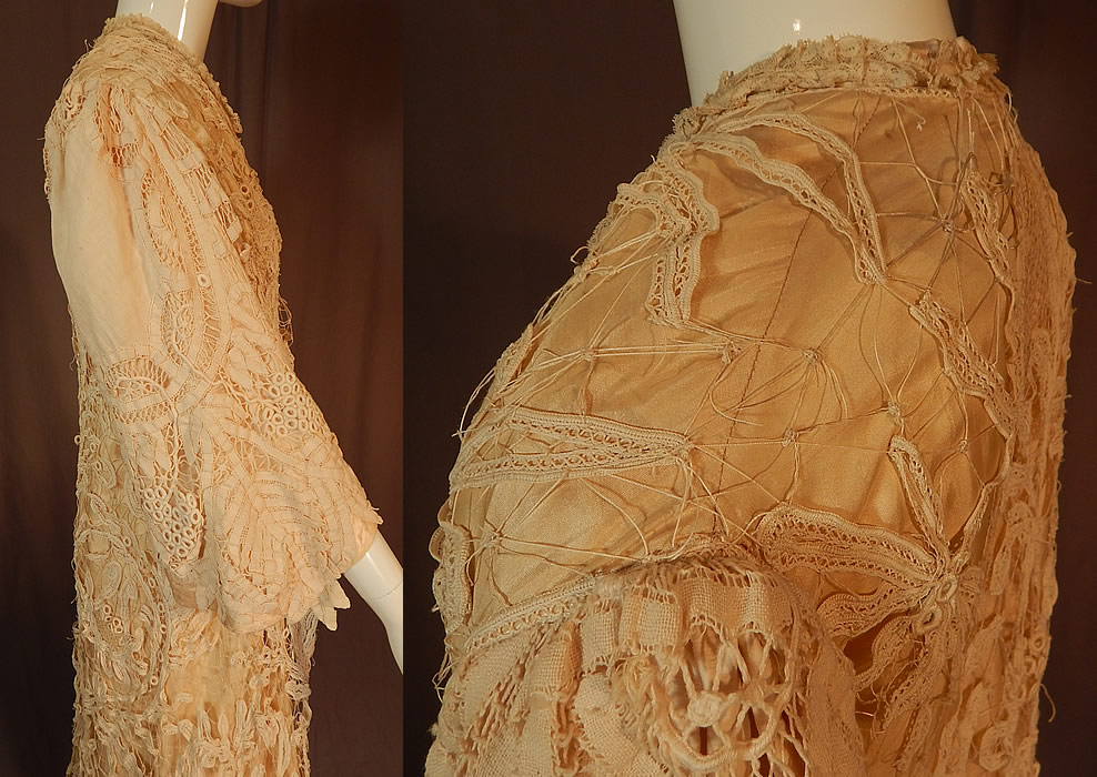 Edwardian Antique Cream Silk Lined Battenburg Tape Lace Long Coat Jacket
The coat measures 45 inches long, with a 42 inch bust, 42 inch waist, 42 inch hips, 21 inch long sleeves and a 15 inch back. 