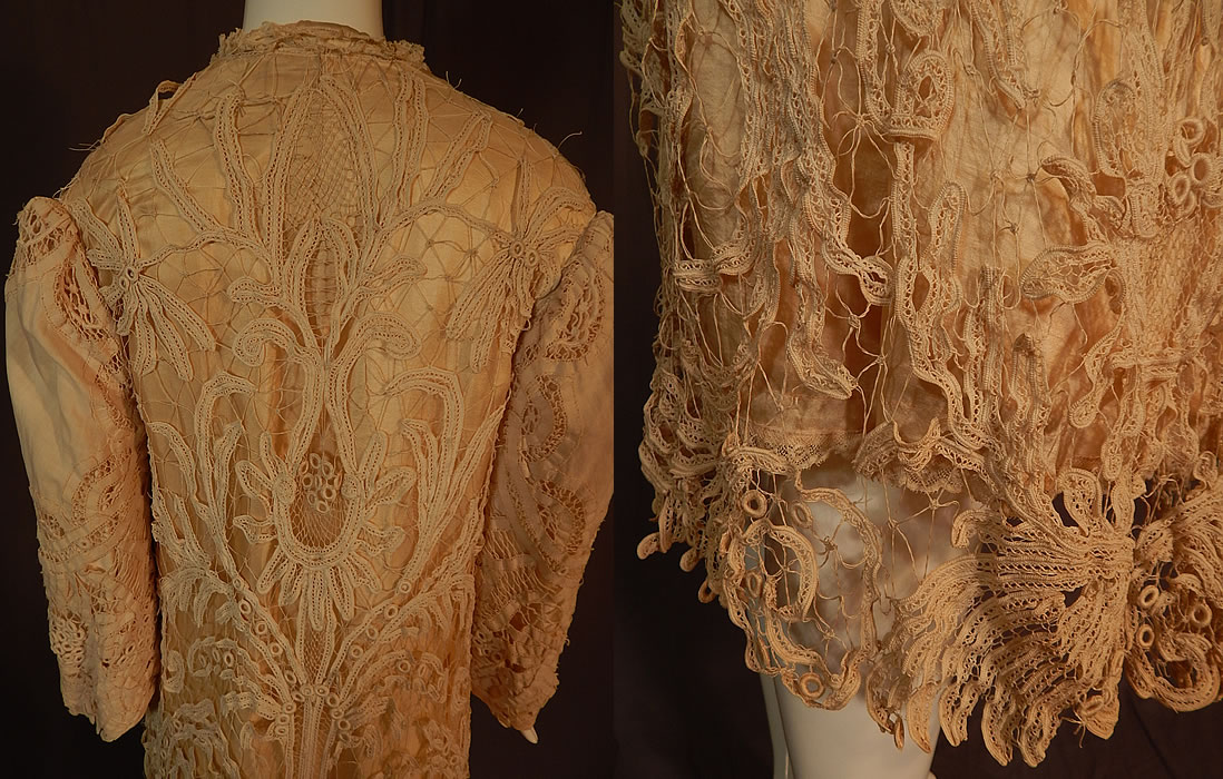 Edwardian Antique Cream Silk Lined Battenburg Tape Lace Long Coat Jacket
This is truly an exceptional, quality made piece of wearable antique lace art!