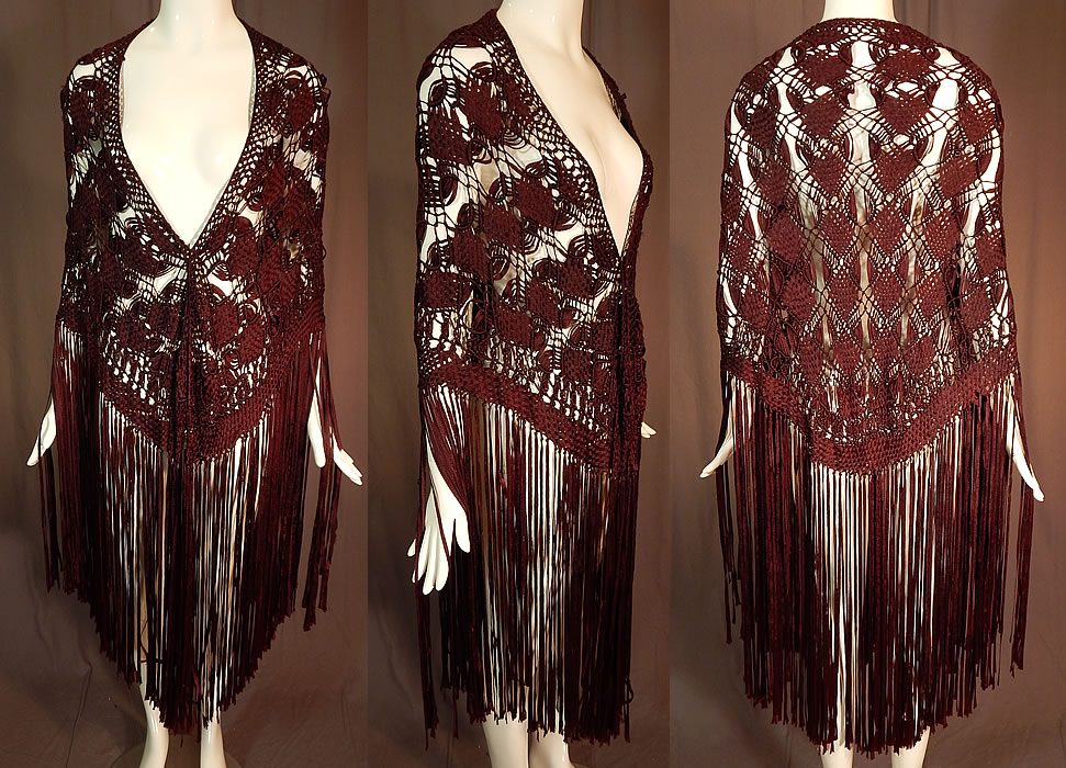 Vintage Brown Silk Ribbon Macrame Crochet Hand Knot Fringe Boho Shawl
This vintage brown silk ribbon macram&eacute; crochet hand knot fringe boho shawl dates from the 1920s. It is made of a dark chocolate brown color silk ribbon work with macram&eacute; crochet woven knot style decorative designs. 