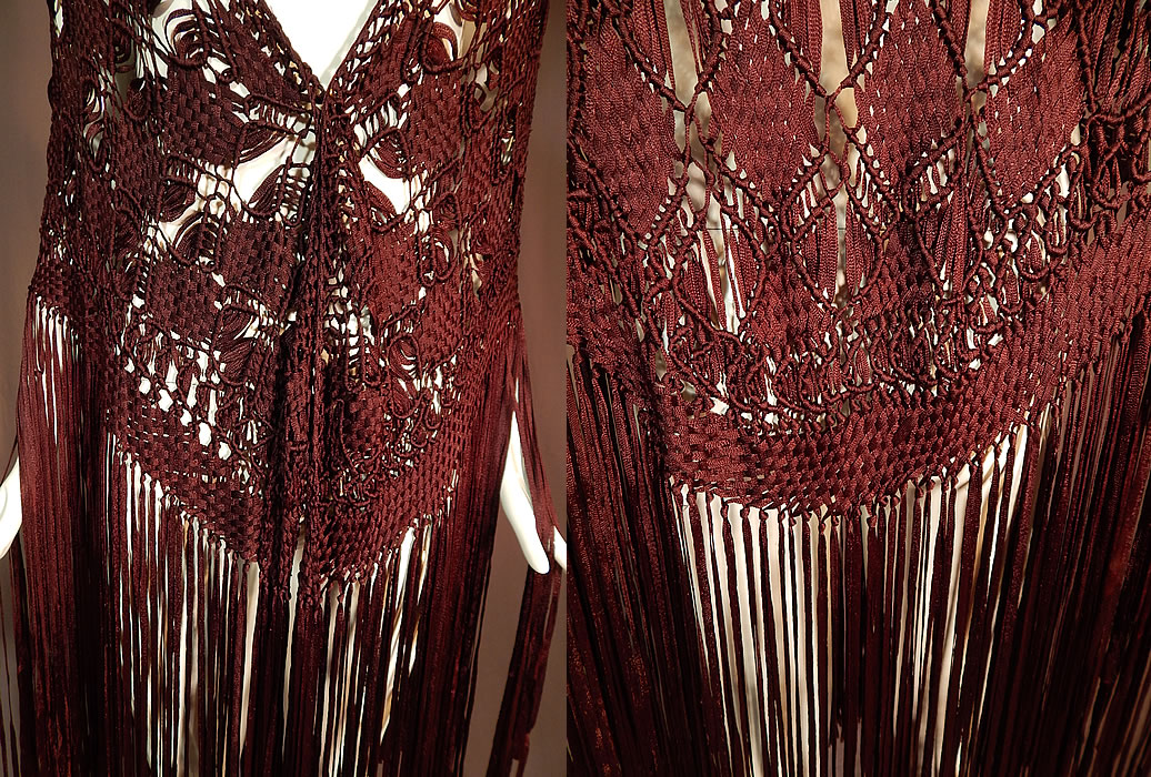 Vintage Brown Silk Ribbon Macrame Crochet Hand Knot Fringe Boho Shawl
This fabulous flapper shawl stole scarf wrap has a triangle shape, with hand knotted brown silk fringe along the bottom and is sheer, unlined.