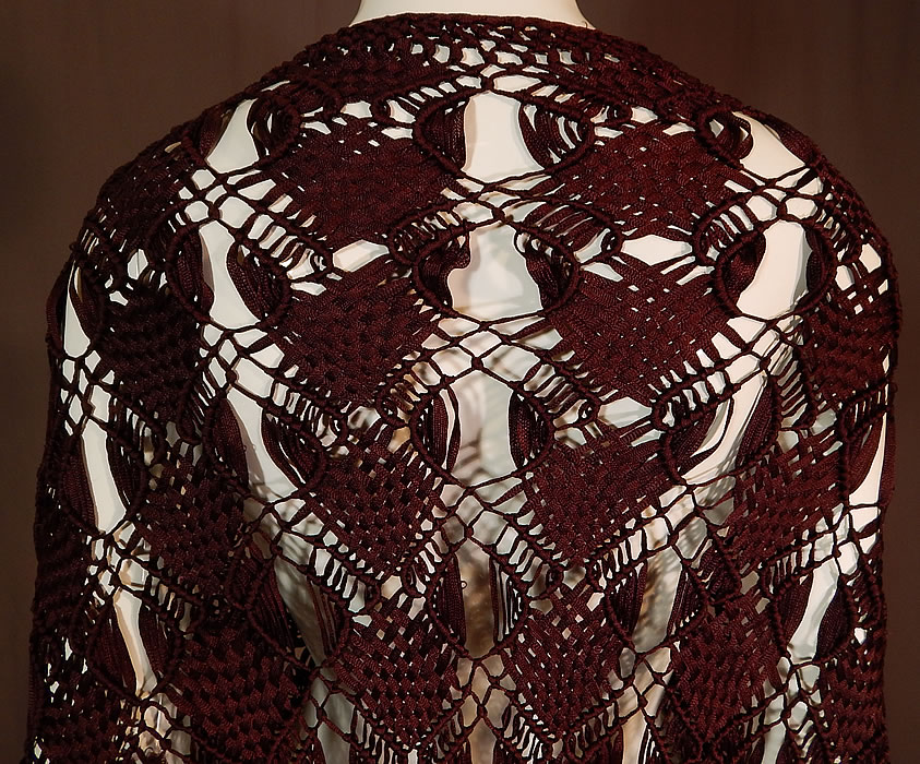 Vintage Brown Silk Ribbon Macrame Crochet Hand Knot Fringe Boho Shawl
The shawl measures 31 inches long in the center, 63 inches wide across the top and has 20 inch long fringe. It is in excellent condition. This is truly a wonderful piece of wearable boho textile art! 