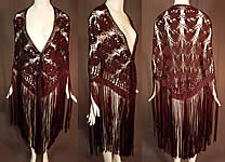 Vintage Brown Silk Ribbon Macrame Crochet Hand Knot Fringe Boho Shawl 
