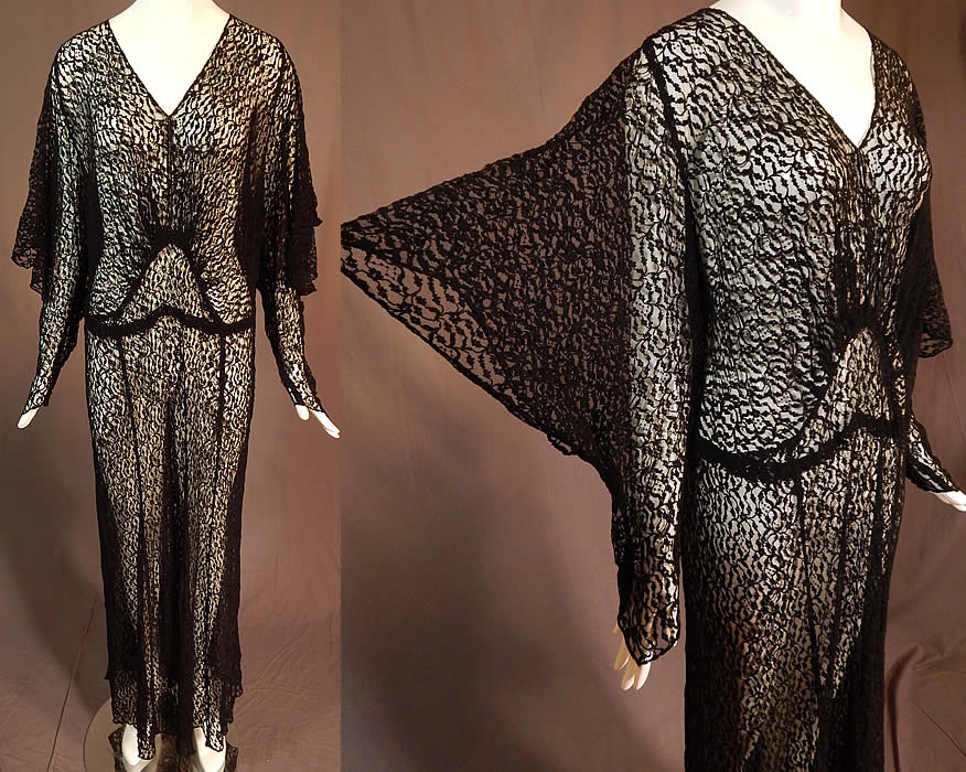 Vintage Art Deco Sheer Black Lace Batwing Bias Cut Evening Gown Gothic Dress
This vintage Art Deco sheer black lace batwing bias cut evening gown Gothic dress dates from the 1930s. It is made of a sheer black net lace fabric, with a floral vine leaf pattern design.