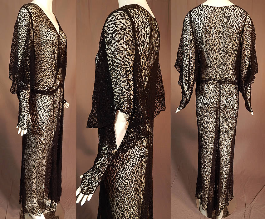 Vintage Art Deco Sheer Black Lace Batwing Bias Cut Evening Gown Gothic Dress
The dress is a large size measuring 60 inches long, with a 42 inch bust, 36 inch waist, 42 inch hips, 27 inch long sleeves and 13 inch back seam between the shoulders. 