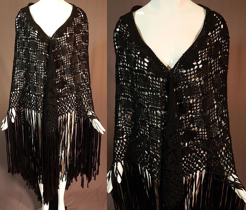 Vintage Black Gothic Silk Ribbon Macrame Crochet Hand Knot Fringe Boho Shawl
This vintage black Gothic silk ribbon macram&eacute; crochet hand knot fringe boho shawl dates from the 1920s. It is made of a black silk ribbon work with macram&eacute; crochet woven knot style decorative designs.