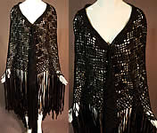 Vintage Black Gothic Silk Ribbon Macrame Crochet Hand Knot Fringe Boho Shawl
