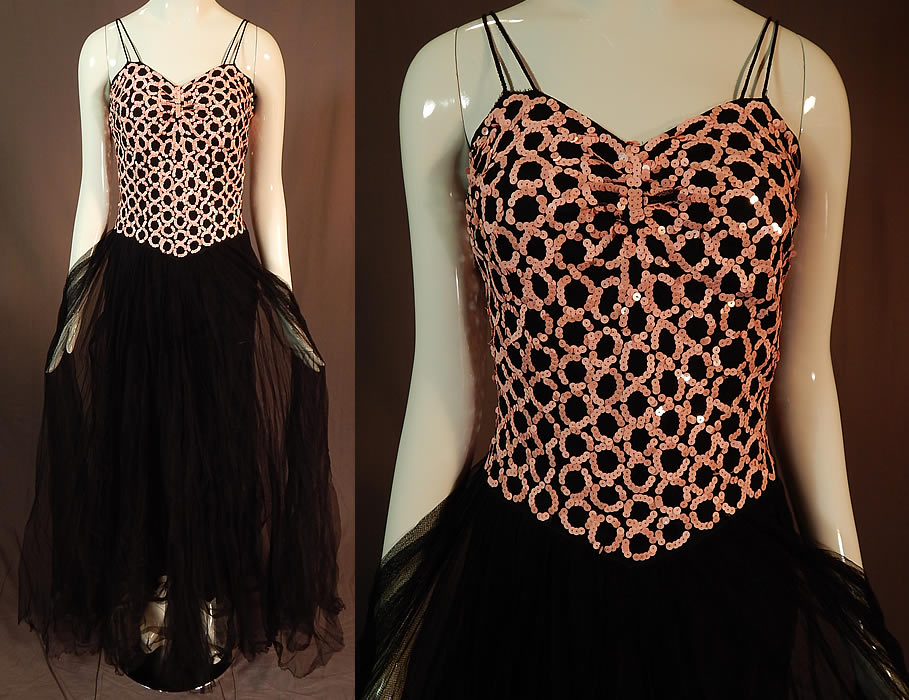 Vintage Black Tulle Net Pink Sequin Beaded Formal Evening Gown Dress
This vintage black tulle net pink sequin beaded beaded formal evening gown dress dates from the 1940s. It is made of a black tulle net fabric with pink sequin beading covering the top in a circular chain link lattice work polka dot design