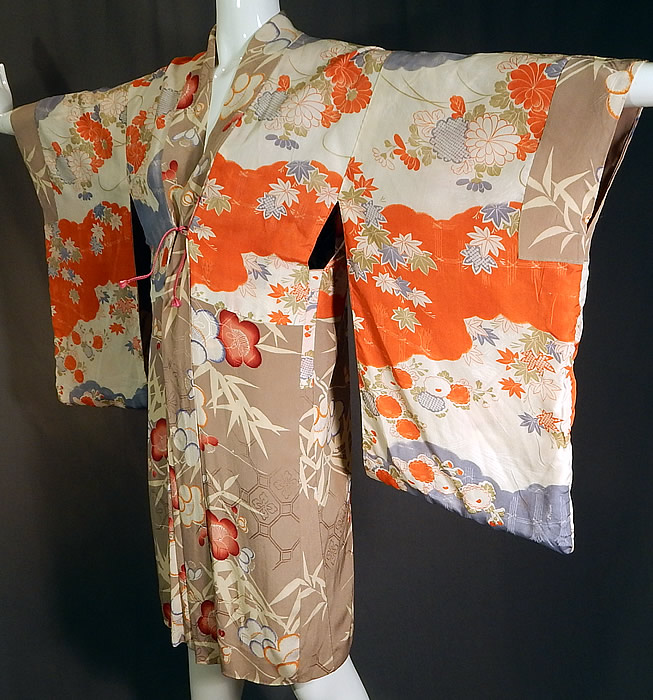 Vintage Japanese Silk Screen Plum Blossom Reversible Haori Kimono Robe Jacket
