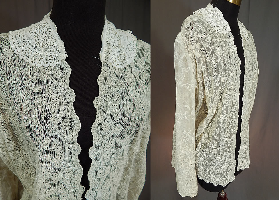 Vintage Antique White Net Cutwork Tambour Embroidery Lace Collar Coat Jacket
This lovely lace coat jacket is loose fitting, with scalloped edging, an open front with no closure, a lace trimmed Peter Pan style collar, long full sleeves and is sheer, unlined. 