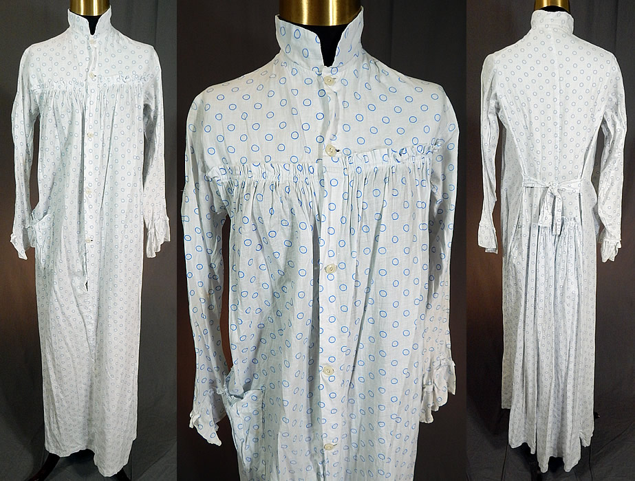 Victorian Blue Polka Dot White Cotton Calico Print Wrapper Bustle Dress Nightgown
This antique Victorian era blue polka dot white cotton calico print wrapper bustle dress nightgown dates from 1870. It is made of a white cotton, blue circle polka dot pattern print calico fabric. 