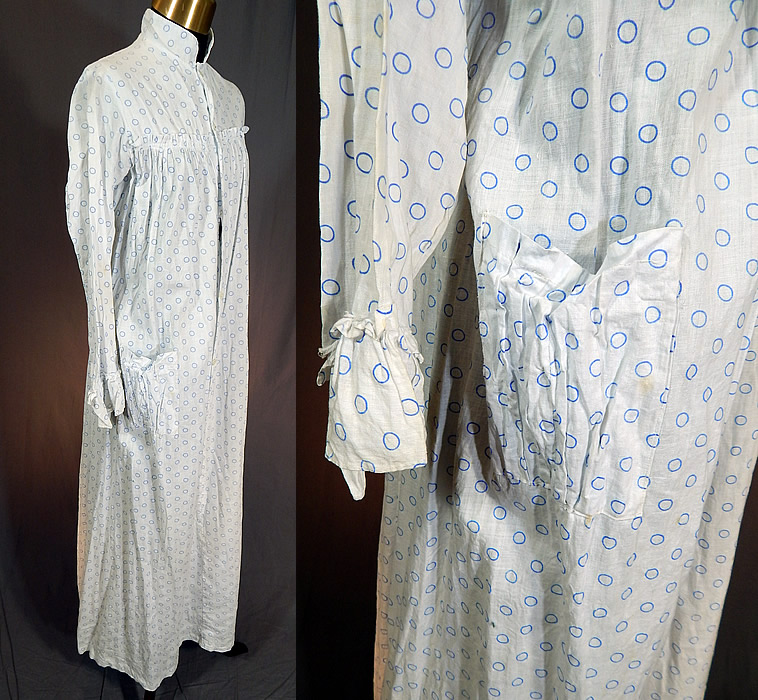Victorian Blue Polka Dot White Cotton Calico Print Wrapper Bustle Dress Nightgown
This womens wrapper style morning dress nightgown has a bustle back with pleated gathering, an adjustable tie back sash, a high neck band collar, ruched gathering on the front yoke, long full sleeves with flared ruffle cuffs, a side patch pocket, button closures on the front and is unlined. 