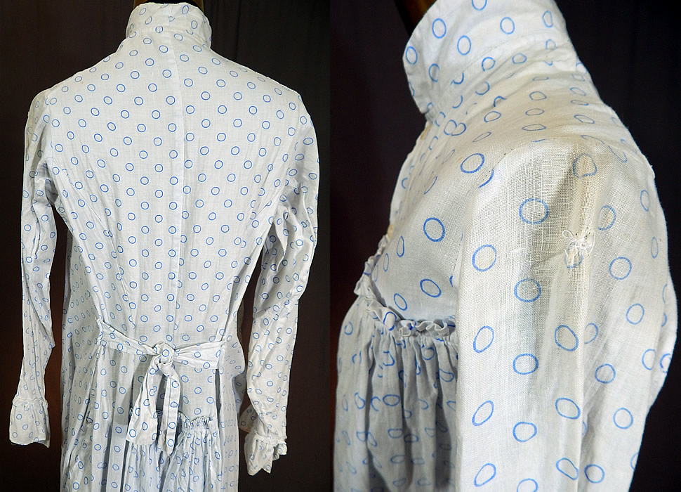 Vintage Victorian Blue Polka Dot White Cotton Calico Wrapper Bustle Dress Nightgown 
The dress measures 53 inches long, with a 36 inch bust, 32 inch waist, 46 inch hips, 21 inch long sleeves and 12 inch back shoulder seam. It is in good as-is condition, has not been laundered, with a few faint small stains, a small mended repair on the bottom back skirt and shoulder (see close-up). This is truly a wonderful piece of antique Victoriana textile art! 