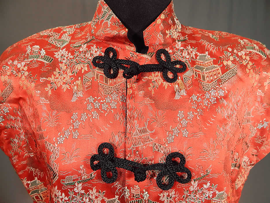 Vintage Original Ina Mae of Hollywood Chinese Red Silk Brocade Blouse Top
It is made of a red silk, gold, white damask weave brocade fabric, with a woven Chinese figural pattern design of people, pagoda shrine temples, boats and outdoor garden village scenes done throughout. 