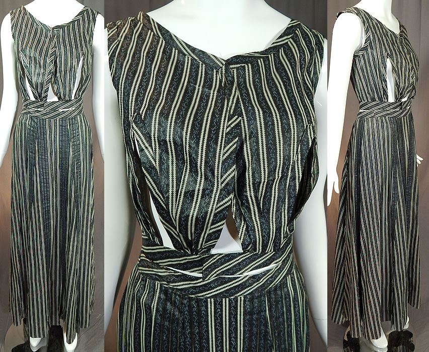 Victorian Blue & Black Striped Print Cotton Chintz Calico Dress Blouse Skirt
This antique Victorian era blue and black striped print cotton chintz calico dress blouse, skirt set dates from 1900. It is made of a blue and black cotton chintz glazed calico fabric, with a striped print pattern.