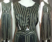 Victorian Blue & Black Striped Print Cotton Chintz Calico Dress Blouse Skirt

