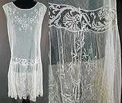 Vintage White Tulle Net Snowflake Embroidered Filet Lace Drop Waist Chemise Dress 

