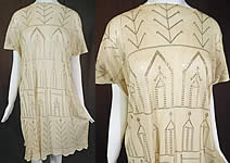 Vintage Art Deco Egyptian Assuit Shawl White Net Silver Studded Tunic Mini Dress 

