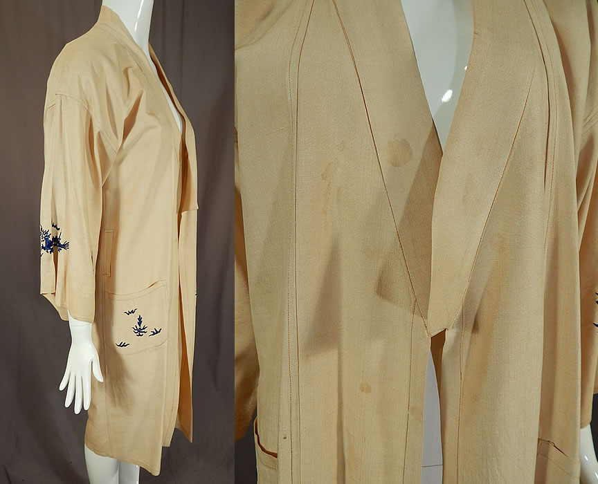 Vintage Antique Chinese Dragon Blue Embroidered Pongee Raw Silk Kimono Robe
It is in good as-is condition, with a few faint small stains on the front opening (see close-up). This is truly a wonderful piece of wearable Chinese textile art!
