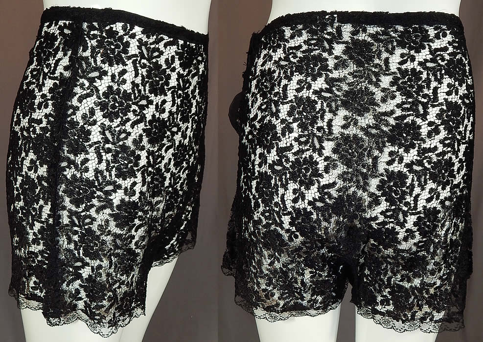 Vintage Eve's Leaves by Chevette Lingerie Black Lace Silk Fig Leaf Applique Tap Panties
This vintage Eve's Leaves by Chevette lingerie black lace fig leaf appliqu&eacute; tap panties date from the 1940s. It is made of a black sheer cobweb net lace fabric, with a floral pattern design and black silk fig leaf appliqu&eacute; with veined stitching details. This rare, risqu&eacute; novelty lingerie tap pants panties, bloomers have sheer lace scalloped trim edging along the full pant legs, with a fig leaf appliqu&eacute; embroidered on the side leg, button closures along the side and is sheer, unlined. 