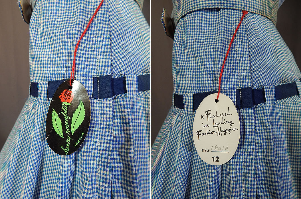 Vintage Henry Rosenfeld Blue White Cotton Check Gingham Belted Circle Skirt Dress NWT
There is a "Henry Rosenfeld New York Original" designer label, size 12 tag sewn inside and is NWT still having the original paper tags attached including the Best's Seattle store price tag.