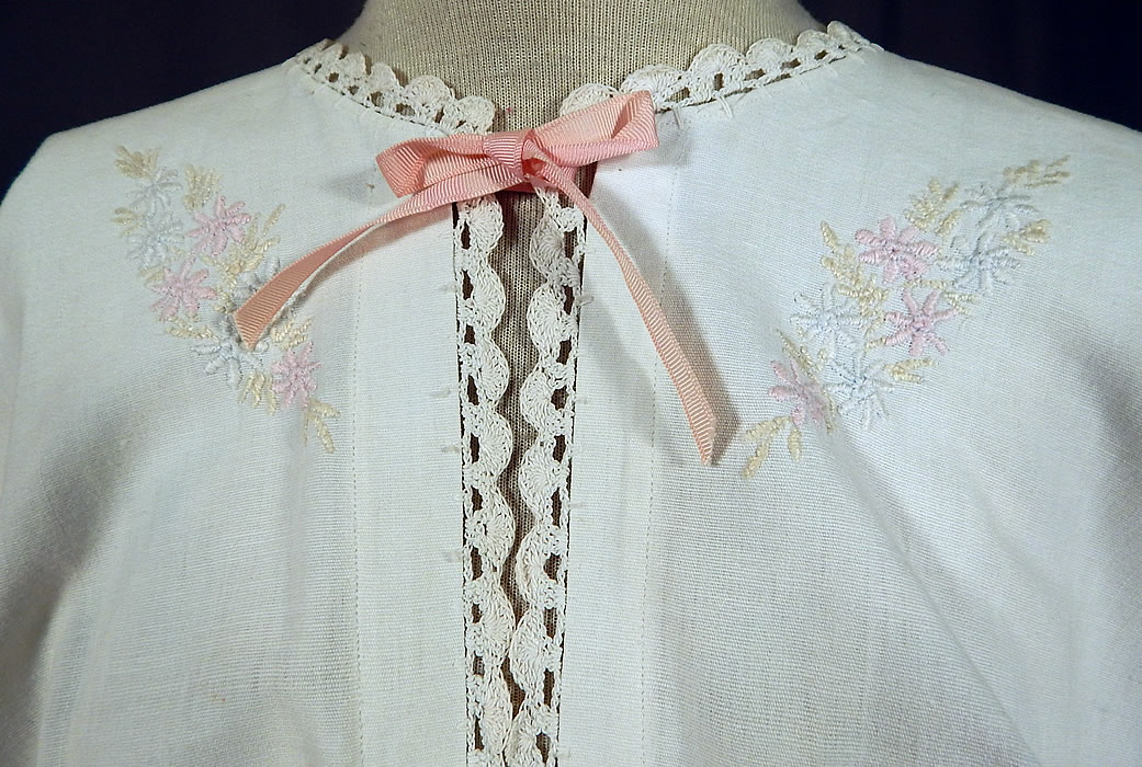 Edwardian White Linen Pastel Embroidered Crochet Lace Combing Bed Jacket
It is made of a white linen fabric, with pastel embroidered flowers on the front and crochet lace trim edging. 