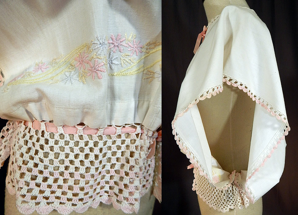 Edwardian White Linen Pastel Embroidered Crochet Lace Combing Bed Jacket
The combing jacket would have been worn while getting ready and dressing the hair, with a simple construction to be easily slipped on and off during preparation. 