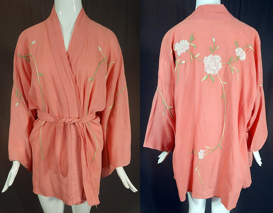 Vintage Japanese Pink Peony Floral Embroidered Muslin Belted Kimono Robe
This vintage Japanese pink peony floral embroidered muslin belted kimono robe dates from the 1920s. It is made of a pink cotton muslin fabric, with pink pastel ombre yarn raised padded satin stitch hand embroidered peony flower vine leaf designs. 
