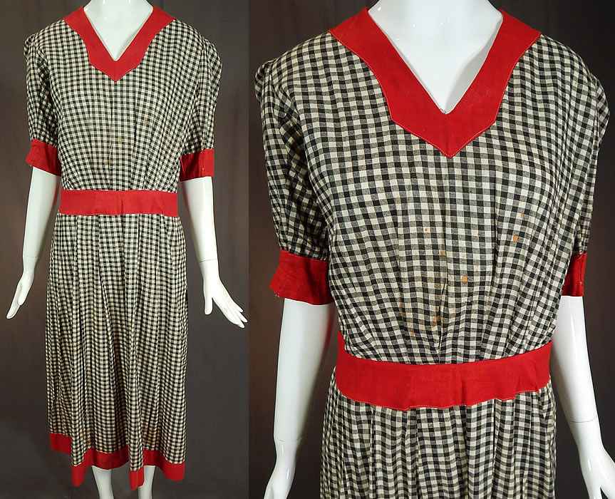 Vintage Edwardian Black & White Cotton Gingham Plaid Red Trim Swimsuit Dress
This vintage Edwardian era black and white cotton gingham plaid red trim swimsuit dress dates from 1910. It is made of a black & white gingham checked plaid cotton fabric, with red fabric trim edging. 