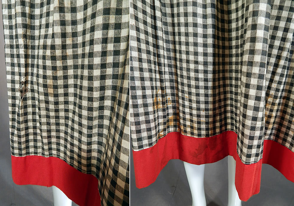 Vintage Edwardian Black & White Cotton Gingham Plaid Red Trim Swimsuit Dress
It is in good as-is condition, with several small rust spot stains scattered on the front top and skirt, faint underarm discoloration and a few small frayed holes along the bottom skirt (see close-ups).