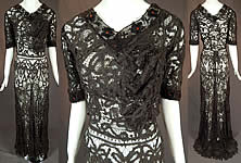 Edwardian Antique Black Battenburg Tape Lace Amber Beaded Gown Dress
