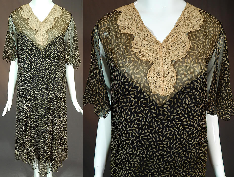 Vintage Black & Cream Leaf Print Silk Chiffon Lace Collar Drop Waist Dress
This vintage black and cream leaf print silk chiffon lace collar drop waist dress dates from the 1920s. It is made of a black sheer silk chiffon fabric, with an ecru cream color leaf print pattern design and lace trim front neckline. 