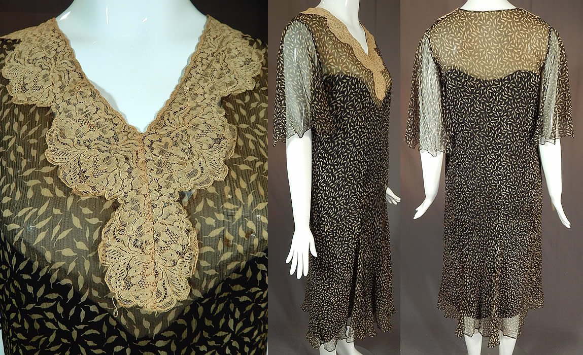 Vintage Black & Cream Leaf Print Silk Chiffon Lace Collar Drop Waist Dress
This fabulous fall leaf flapper dress is loose fitting, with a drop waist, lace collar V front neckline, short flared capelet sleeves and is fully lined with a built in black silk slip lining sewn inside.