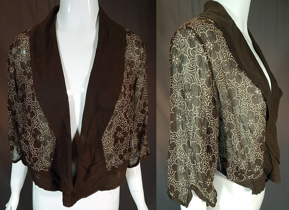 Vintage Art Deco Black & White Floral Print Cotton Muslin Crop Jacket
This vintage Art Deco black and white floral spiral print cotton muslin crop jacket dates from the 1920s. It is made of a black and white abstract spiral, floral design print sheer cotton muslin fabric with black trim edging. 