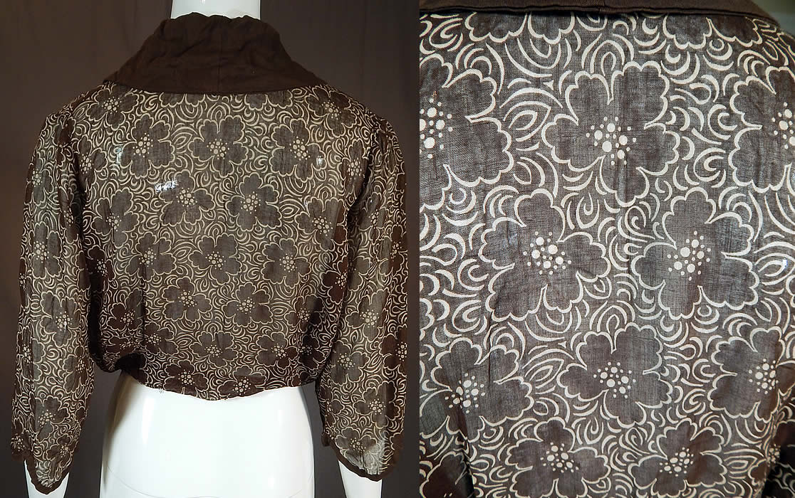 Vintage Art Deco Black & White Floral Print Cotton Muslin Crop Jacket
This fabulous flapper light weight loose fitting jacket has a short crop style, with an open front, fold over lapel collar, short sleeves with scalloped trim cuffs, a fitted waistband, hook closure at the waist and is sheer unlined. The jacket measures 20 inches long, with a 42 inch bust, 34 inch waist and 14 inch back. It is in excellent condition. This is truly a wonderful piece of wearable Art Deco textile art! 