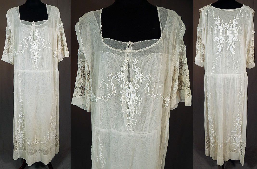 Vintage Embroidered French Knot White Net Crochet Filet Lace Tabard Top Dress
It is made of a white sheer tulle net fabric, with raised padded satin stitch, French knot embroidery work done in flower baskets, vine leaf floral designs and embroidered net crochet filet lace trim along the sleeves and underskirt hemline