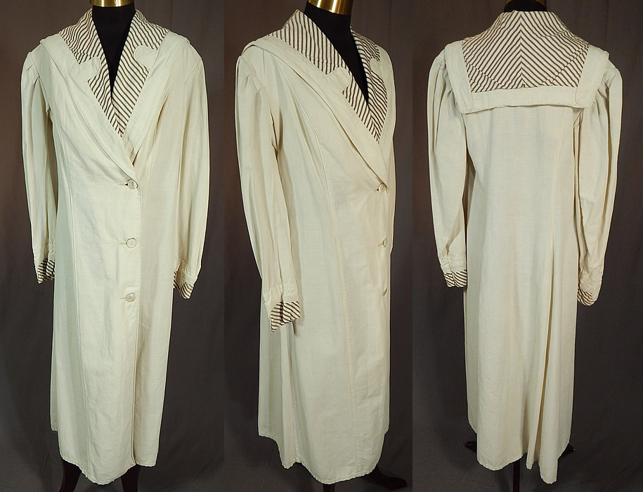 Vintage Linen Striped Sailor Shawl Collar Womens Duster Driving Motoring Coat
This vintage Edwardian era linen striped sailor shawl collar womens duster driving motoring coat dates from 1918. It is made of an off white cream color linen fabric, with a brown striped cotton fabric insert trimming the sleeve cuffs and lapel collar.