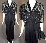 Vintage Blue Embroidered Flowers Black Silk Jersey Maxi Evening Gown Dress