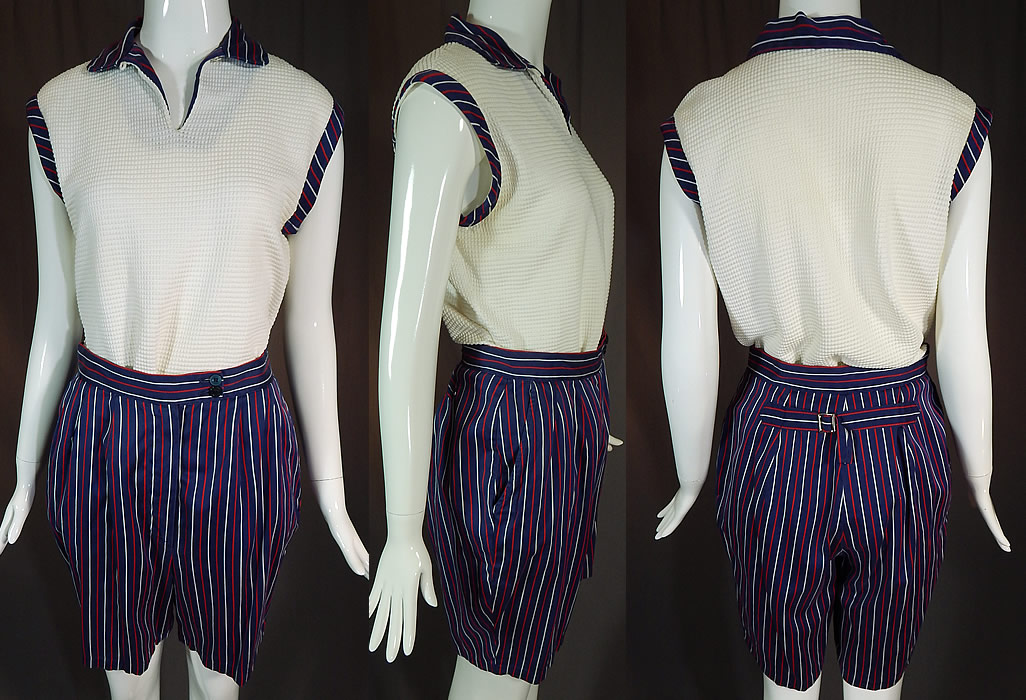 Vintage Jantzen Womens Sportswear Red White Blue Golf Outfit Shirt Shorts
This vintage Jantzen womens sportswear red, white and blue golf outfit shirt, shorts dates from the 1950s. It is made of a white waffle ribbed textured cotton fabric top and red, white and blue striped shorts, with matching fabric trim edging on collar, armholes.