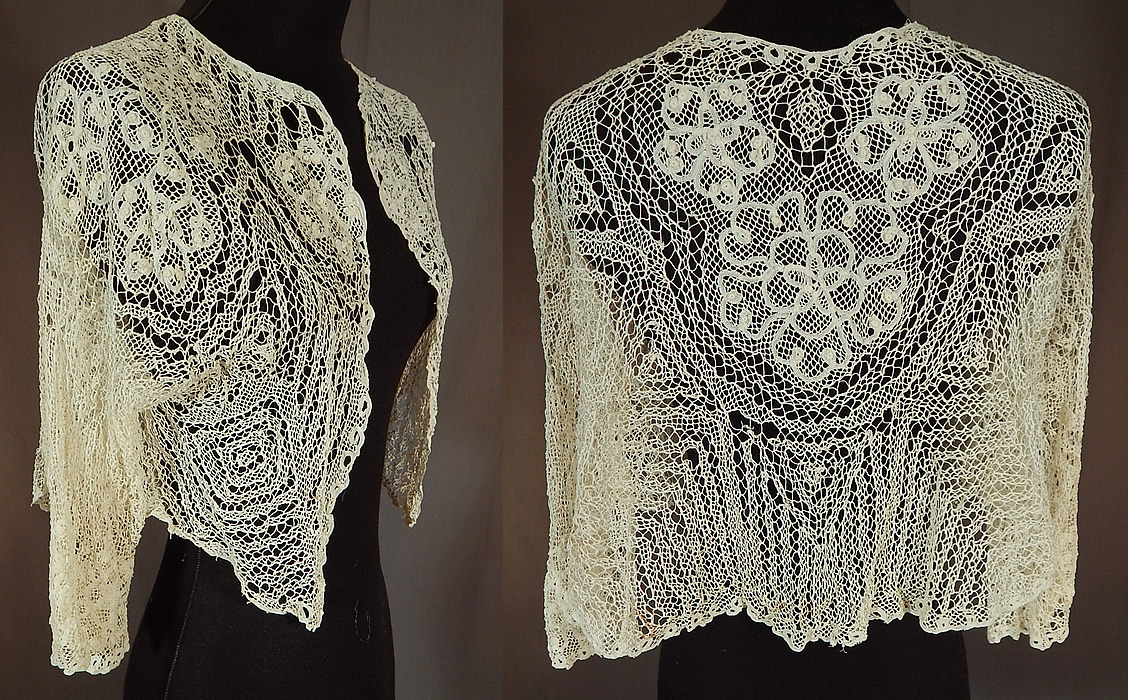 Victorian Handmade Bobbin Tape Lace Net White Bolero Jacket Shrug Top
This lovely lace ladies short cropped bolero jacket shrug style top has an open front with no closure, 3/4 length sleeves and is sheer, unlined. The top measures 15 inches long, with a 36 inch bust and 13 inch long sleeves.