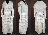 Edwardian White Cotton Organdy Ruffled Fichu Belted Dress Tea Gown
